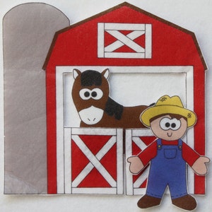 May include: A red barn with a white door and a white X on the front. A brown horse with a black mane and tail is looking out of the barn door. A cartoon farmer wearing a yellow hat and blue overalls is standing in front of the barn.