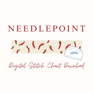 May include: A digital needlepoint chart download. The design features red chilli peppers with green stems on a cream background. The word "NEEDLEPOINT" is in red script above the pattern, and "Digital Stitch Chart Download" is below.