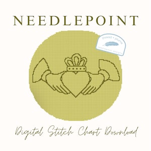 Op de afbeelding: Digitale naaldkunst-diagramdownload met een Claddagh-ontwerp. De afbeelding toont een groen Claddagh-symbool van een hart, kroon en handen, tegen een geelgroene cirkel. De woorden "NEEDLEPOINT" en "Digital Stitch Chart Download" worden ook weergegeven.