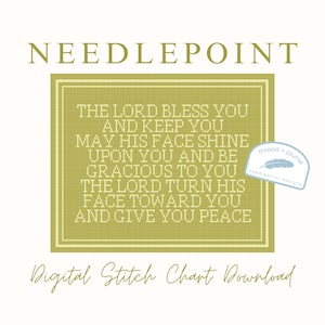 Könnte beinhalten: Ein digitaler Kreuzstich-Chart-Download mit dem Text "The Lord bless you and keep you...and give you peace" in einem grün-weißen Kreuzstichmuster. Das Wort "Needlepoint" steht oben, und "Digital Stitch Chart Download" steht unten.