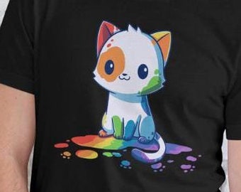 Paint Splattered Kitty Woops Rainbow Mens Cotton Crew Tee