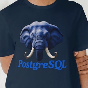 May include: A navy blue t-shirt with a blue elephant graphic and the text "PostgreSQL" in blue.