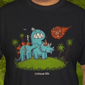 Dinosaur DnD Tee, Critical Hit Shirt, RPG Game T-Shirt, Fantasy Dungeons and Dragons Top, Cartoon Character Apparel, Unisex Cotton Tee