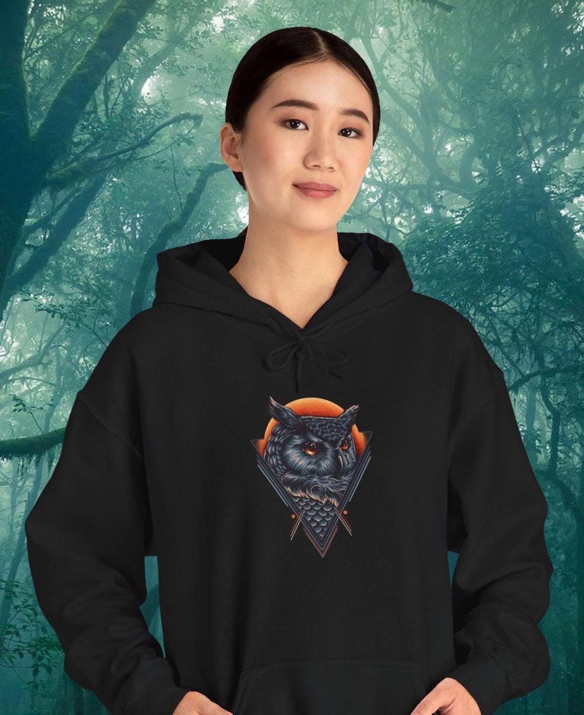 Spooky Wise Owl Hoodie, Halloween Sweatshirt, Dark Minimalist Owl Head Pullover, Creepy Owl Jacket, 