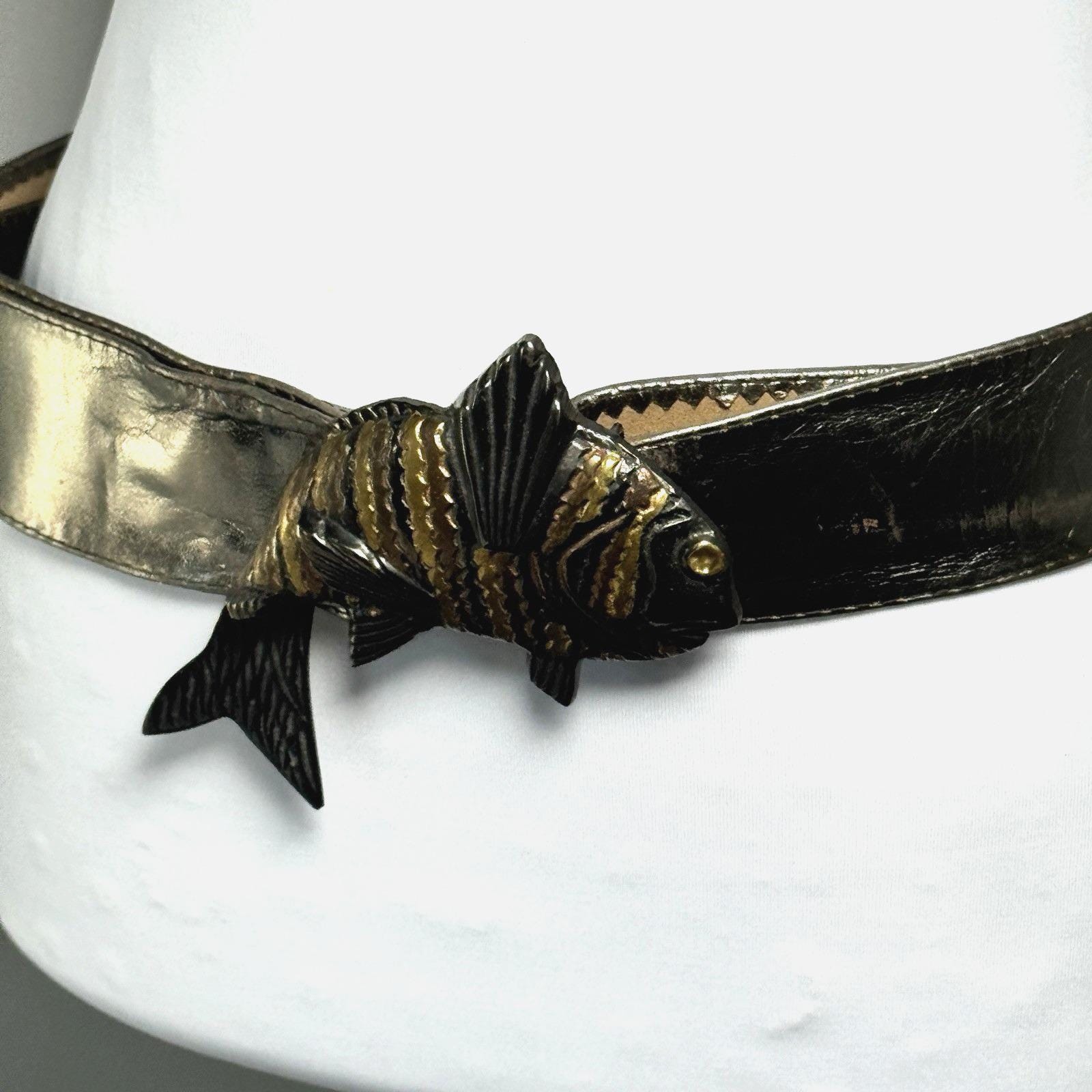 Vintage Pewter Leather Belt India Cast Metal‎ Fish Buckle Brass Copper Tones S/M Pewter Fish Buckle - Etsy main image 3