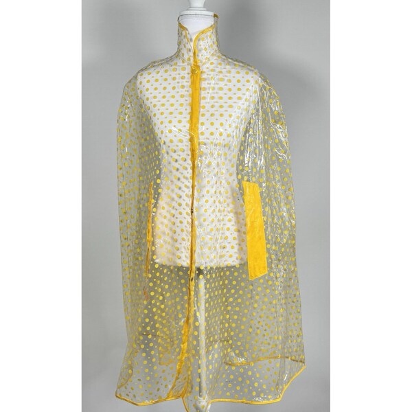 Capa de chuva feminina vintage transparente amarela com bolinhas, em vinil, para fantasia. Leia