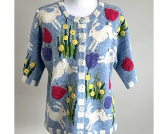 Phillip & Jane Gordon Design Pitons Cardigan Maglione Ricamato Conigli Fiori