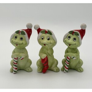 Vintage Taiwanese kerstelfjes/pixie beeldjes, set van 3 keramische zuurstokdecoraties.
