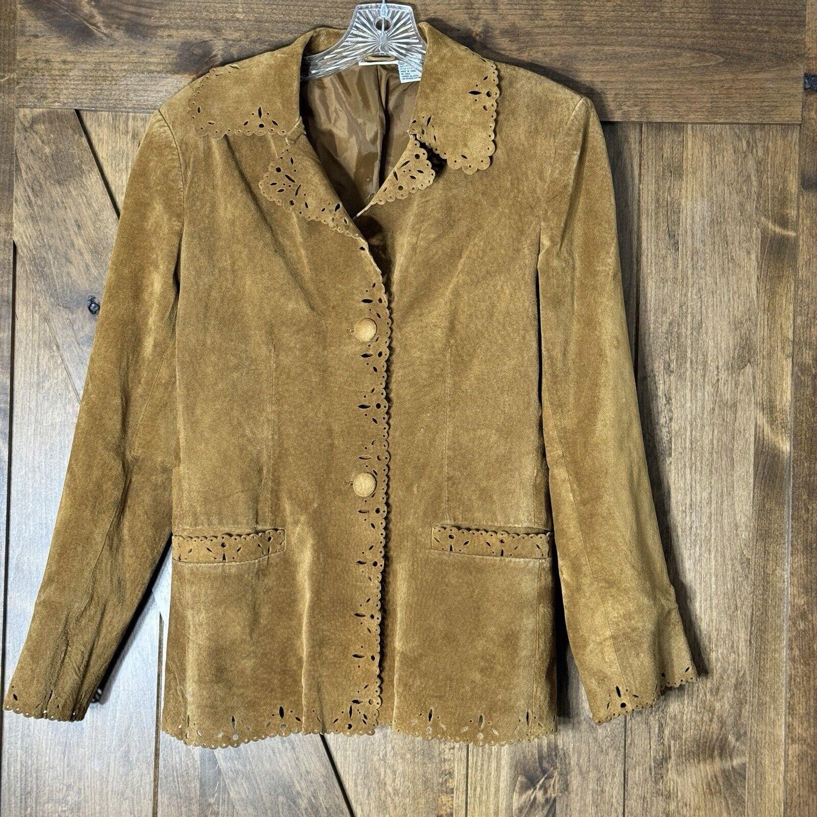Vtg Newport News Style Works Brown Suede Leather Jacket Punched 