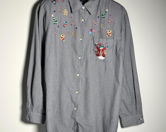 VTG Karen Scott schwarzes Gingham Weihnachtshemd M Gestickte Urlaub Knopfleiste