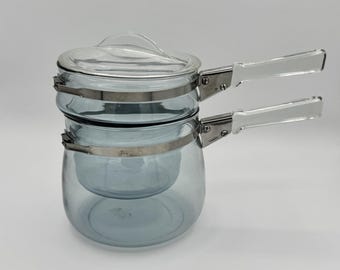 Vintage Pyrex Flameware Blue Glass Double Boiler 3 Pc Set 8783 6763 Lid USA