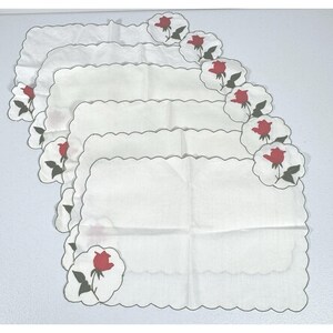 Vintage blommiga silverbestick fickbordsunderlägg set om 6 broderade röda rosor