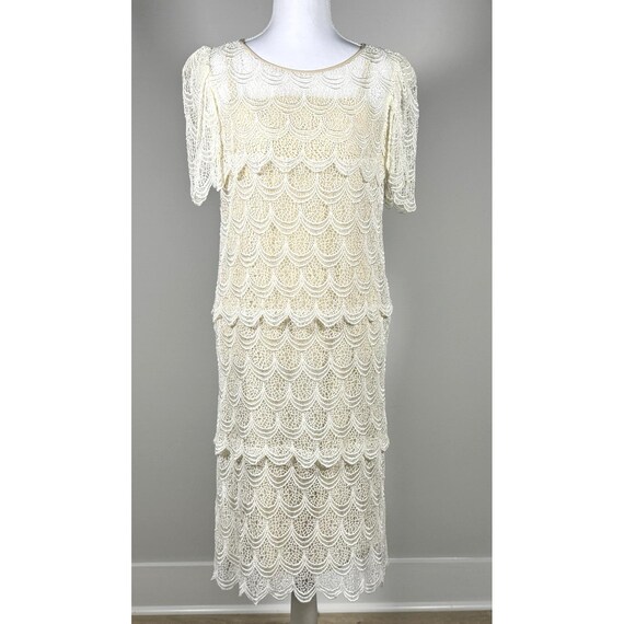 Vintage Ivory Champagne Scalloped Lace Lined Dress Size 8 S/M Flapper Bridal