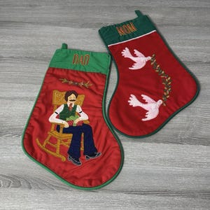 Vintage House of Hatten Applique Christmas Stockings Mom and Dad Set of 2 Doves