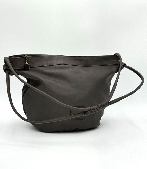 Brio Vintage Soft Gray Leather Shoulder Slouchy Bucket Hobo Bag Velvet Interior