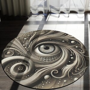 May include: A round area rug featuring a detailed eye design in shades of gray and white. The rug has a swirling pattern around the eye, with intricate details and a black border. The rug is placed on a wooden floor.