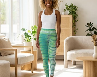 Leggings de yoga de talle alto con estampado de olas verdes y rayas / Estampado integral