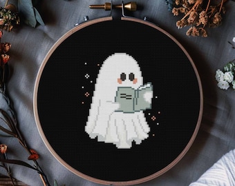 Cute Ghost Reading Book Cross Stitch Pattern PDF | Instant download | Easy Cross Stitch for Beginners | Cute Halloween Fall Autumn Spooky