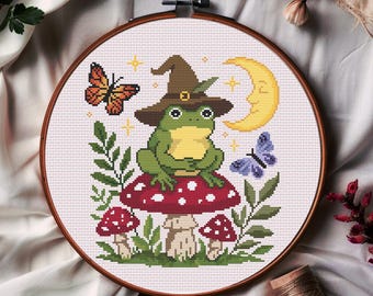 Witchy Frog Cross Stitch Pattern: Cottagecore Toad on Mushroom (PDF Pattern)