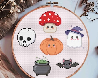 Lot de motifs d'Halloween au point de croix : automne fantasmagorique kawaii (Modèle PDF)