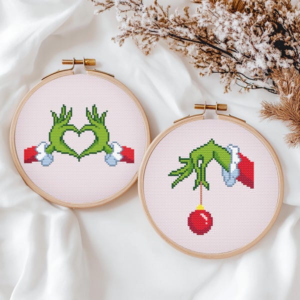 Christmas Villain Green Hand Cross Stitch Pattern Set | Funny Holiday PDF Pattern