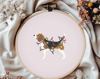 Beagle in Christmas Lights Cross Stitch Pattern | Holiday, Puppy, Dog PDF Pattern