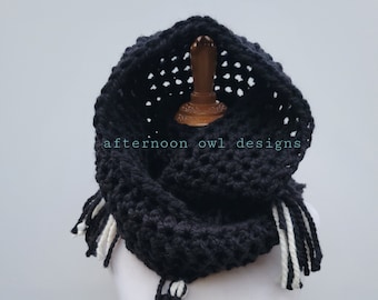 Wednesday Addams Inspired Snood: Black & Cream Tassel Infinity Scarf