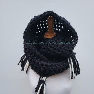 Wednesday Addams Inspired Snood Enid Scarf Infinity Scarf with Black and Cream Tassels Wool Acrylic Blend