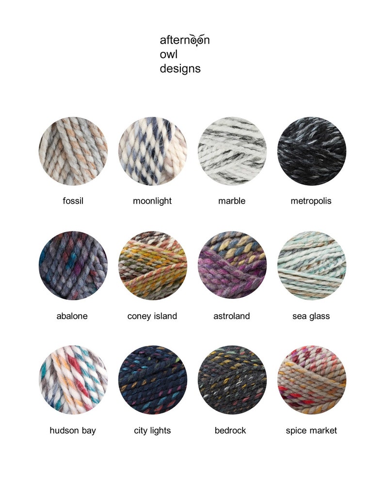 May include: A collection of 12 yarn skeins in various colors and patterns, including fossil, moonlight, marble, metropolis, abalone, coney island, astroland, sea glass, hudson bay, city lights, bedrock, and spice market.