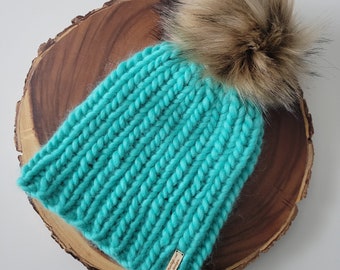 Luxus Strick Beanie | Hut aus 100% natürlicher Wolle | Chunky Hut | Peruanische Wolle Beanie, Strickmütze | Woll Pom Beanie | Kunstfell Bommelmütze | Skimütze