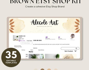 Puede incluir: Un kit de branding para tienda Etsy editable en color marrón que incluye una cabecera con el texto Alecole Art watercolor artist, una maqueta de interfaz de tienda y una insignia circular con 35 plantillas editables.