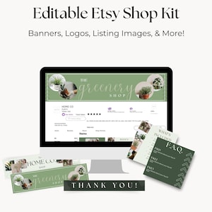 以下が含まれることがあります： バナー、ロゴ、商品画像を含むEtsyショップキット。画像は、「The Greenery Shop」というテキストが表示されたEtsyショップバナーを表示するコンピューター画面を示しています。FAQカードと「Thank You」バナーが含まれています。