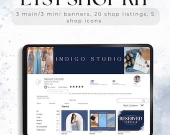 May include: An Etsy shop kit displayed on a tablet, featuring the text "ETSY SHOP KIT" and details about banners, listings, and shop icons. The screen shows an "Indigo Studio" shop with product previews and shop information.