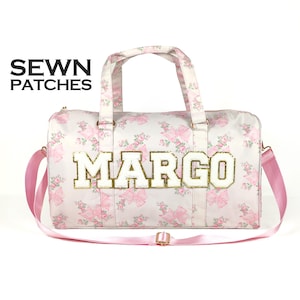 Bolsa de lona personalizada con parches cosidos, bolsa de lona con patrón de nailon, monograma personalizado, bolsa para viajes de noche, fin de semana, gimnasio, baile, personalizable