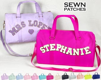 Personalized Duffle Bag Sewn Patches Nylon Duffle Bag Chenille Letter Patch Custom Overnight Bag Travel Weekend Gym Duffle Bag Customizable