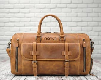 Bolsa de viaje personalizada de cuero de grano completo para hombre, bolso de viaje personalizado con monograma, bolso de noche, regalo para el Día del Padre, bolso de viaje de fin de semana, regalo para padrinos de boda.