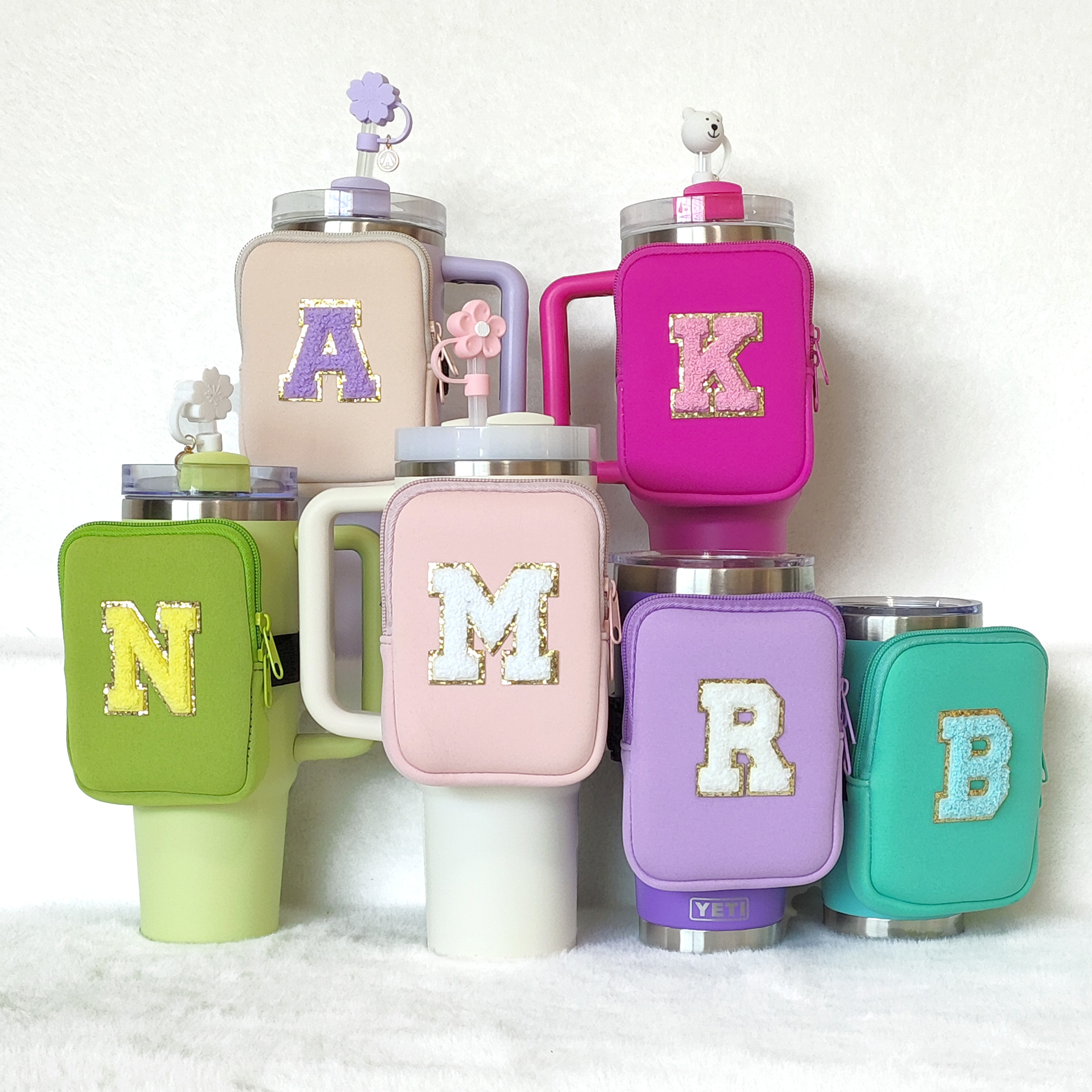Personalized Tumbler Pouch Custom Water Bottle Pouch Initial Letter Patch Cup Accessories Fanny Pack 30oz 40oz Customized Tumbler Backpack
