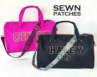 Woven Strap Duffle Bag Custom Nylon Duffle Bag Sewn Chenille Letter Patches Personalized Overnight Gym Travel Weekend Dance Bag Customizable