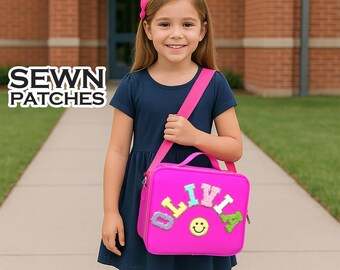 Benutzerdefinierte Lunch Box Tasche Personalisierte Lunch Bag Chenille Patches Kid Lunch Bag mit Strap Back to Schule Monogramm Kundengerechte Flecken-Nylon Bento