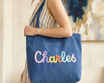 Personalized Corduroy Tote Bag with Chenille Name Yarn Letters Custom Zipper Work Bag Bridesmaid Gift Spring Travel Tote Mother’s Day Gift