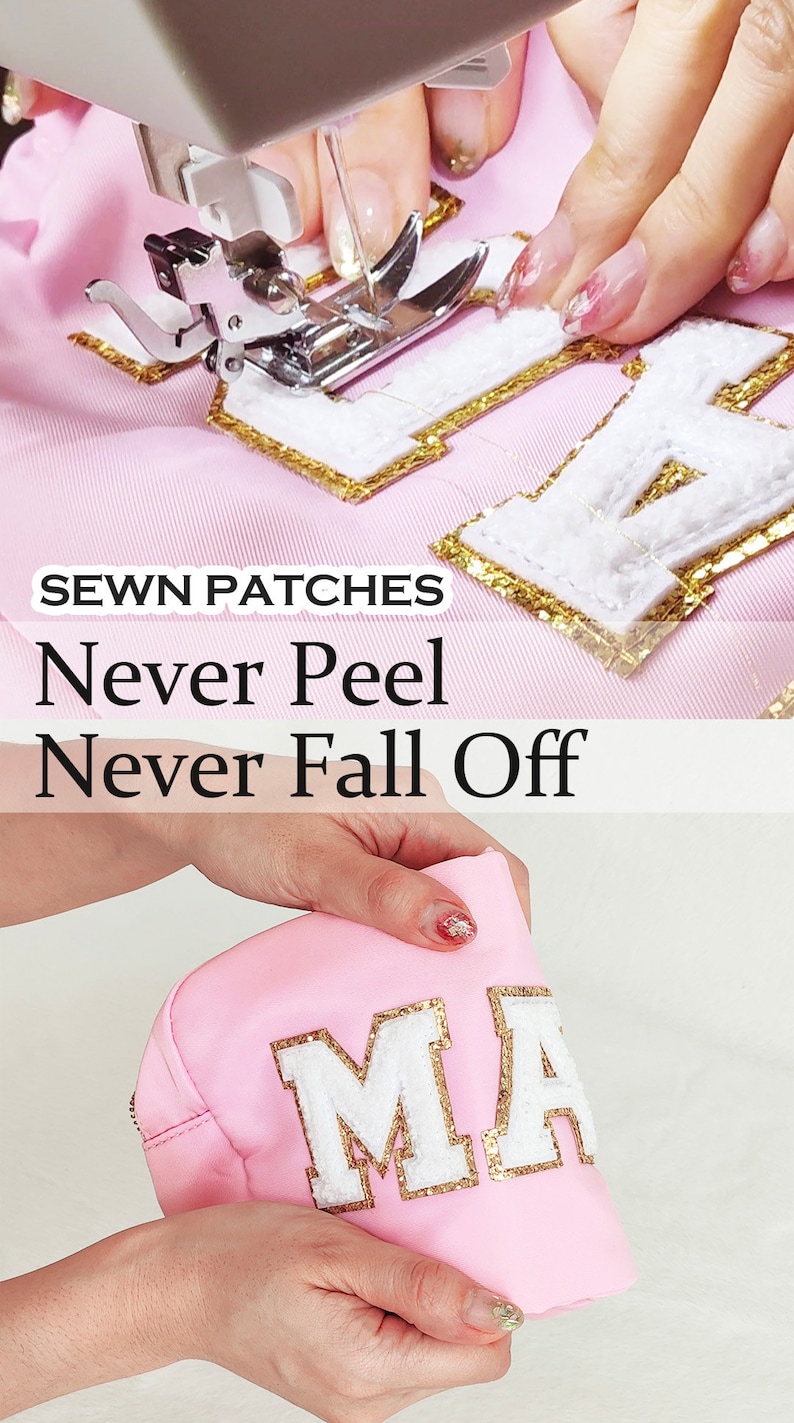 May include: Close-up of a pink fabric pouch with white letters that spell "MA" outlined in gold glitter. The letters are sewn on and have a fluffy texture. The text "SEWN PATCHES Never Peel Never Fall Off" is visible in the background.