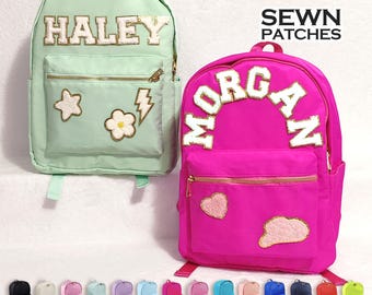 Sewn Patches Backpack Personalized Nylon Backpack with Patch Chenille Letter Custom School Bag for Kids Back to School Gifts for Student