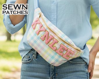 Personalized Fanny Pack Sewn Patches Custom Nylon Fanny Pack Bag Chenille Patch Pouch Waist Pack Small Large Jumbo Plaid Pack Crossbody Bag