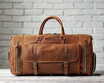 Bolsa de viaje personalizada de cuero de grano completo para hombre, bolso de viaje personalizado con monograma, bolso de noche, regalo para el Día del Padre, bolso de viaje de fin de semana, regalo para padrinos de boda.