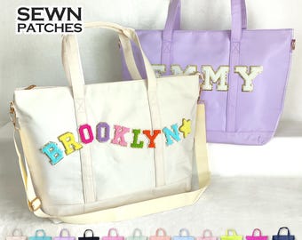Personalized Tote Bag Sewn Patches Nylon Tote Bag With Chenille Letter Patch Custom Overnight Bag Shopping Bag Tote Bag Gym Bag Customizable