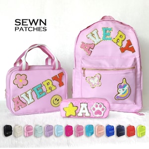 Mochila con parches cosidos, mochila de nailon personalizada con parche de chenilla y letras, mochila escolar personalizada, lonchera para niños para el regreso a la escuela, bolsa para el almuerzo