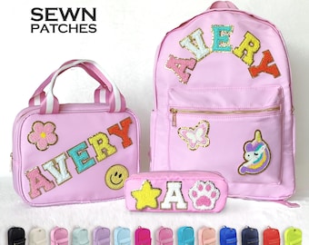 Sewn Patches Backpack Personalized Nylon Backpack with Patch Chenille Letter Custom School Bag Kids Back to School Lunch Box Bag Lunch Bag