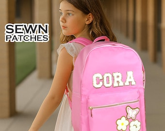 Rugzak met genaaide patches Gepersonaliseerde nylon rugzak met patch Chenille-letter Aangepaste schooltas Schooltas voor kinderen Terug naar school Lunchboxtas Lunchtas