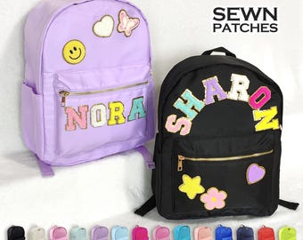 Sewn Patches Backpack Personalized Nylon Backpack with Patch Chenille Letter Custom School Bag for Kids Back to School Gifts for Student