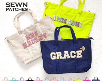 Sewn Patches Tote Bag Personalized Nylon Tote Bag With Chenille Letter Patch Custom Overnight Bag Shopping Bag Tote Bag Gym Bag Customizable